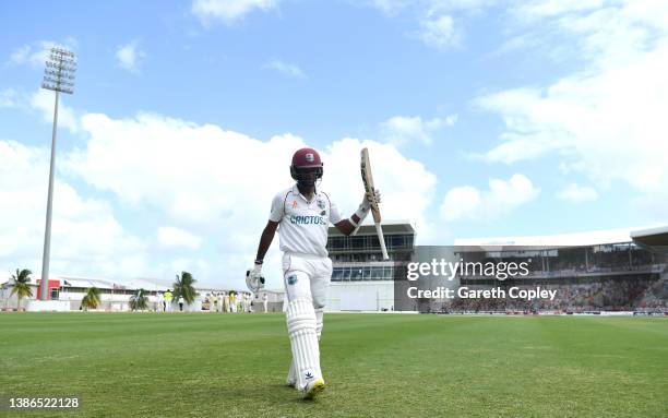 West Indies captain Kraigg Brathwaite salutes the crowd as he leaves the field after making 180 runs during day four of the 2nd test match between...