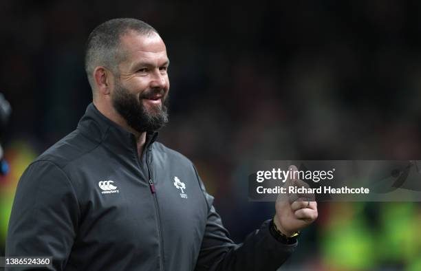 Andy Farrell, head coach of Ireland celebrates their sides victory following the Six Nations Rugby match between Ireland and Scotland at Aviva...
