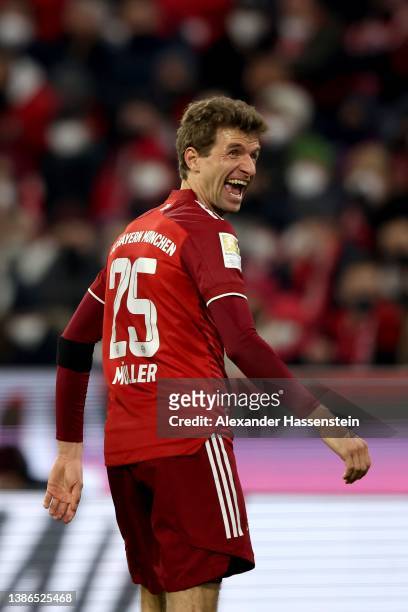 Thomas Müller of FC Bayern München reacts during the Bundesliga match between FC Bayern München and 1. FC Union Berlin at Allianz Arena on March 19,...