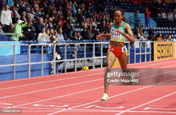 Gudaf Tsegay of Ethiopia wins the Women's 1500 Metres Final in a new Championship record time of 3:57.19 on Day Two of the World Athletics Indoor...