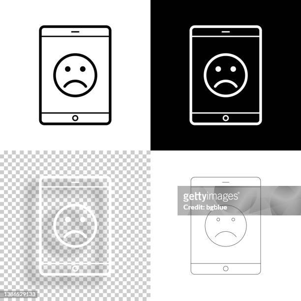 stockillustraties, clipart, cartoons en iconen met tablet pc with sad emoji. icon for design. blank, white and black backgrounds - line icon - disappointing phone