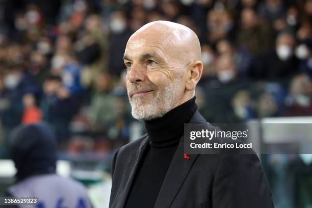 Stefano Pioli coach of Milan looks on during the Serie A match between Cagliari Calcio and AC Milan at Sardegna Arena on March 19, 2022 in Cagliari,...