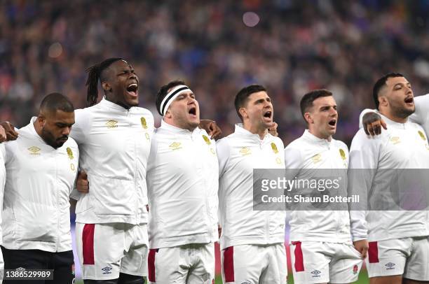 Maro Itoje, Jamie George, Ben Youngs and George Ford during the national anthem prior to kick off of the Guinness Six Nations Rugby match between...