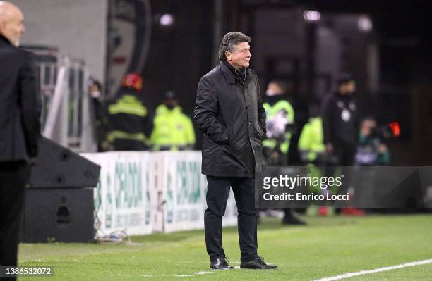 Walter Mazzarri coach of Cagliari looks on during the Serie A match between Cagliari Calcio and AC Milan at Sardegna Arena on March 19, 2022 in...
