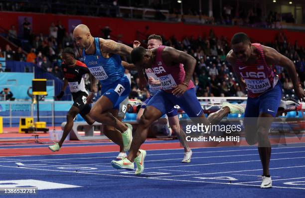 Lamont Marcel Jacobs of Italy ITA, Christian Coleman of The United States USA and Marvin Bracy of The United States USA compete during the Men's 60...