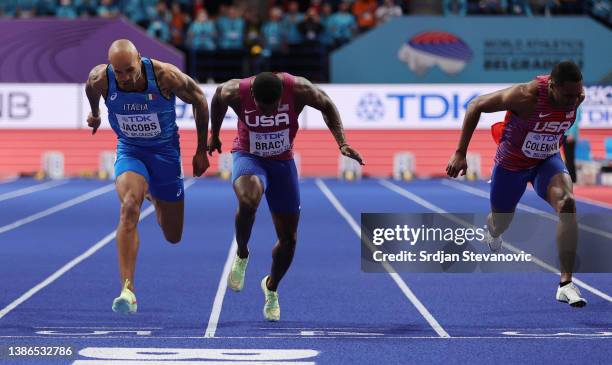Lamont Marcel Jacobs of Italy ITA, Christian Coleman of The United States USA and Marvin Bracy of The United States USA compete during the Men's 60...