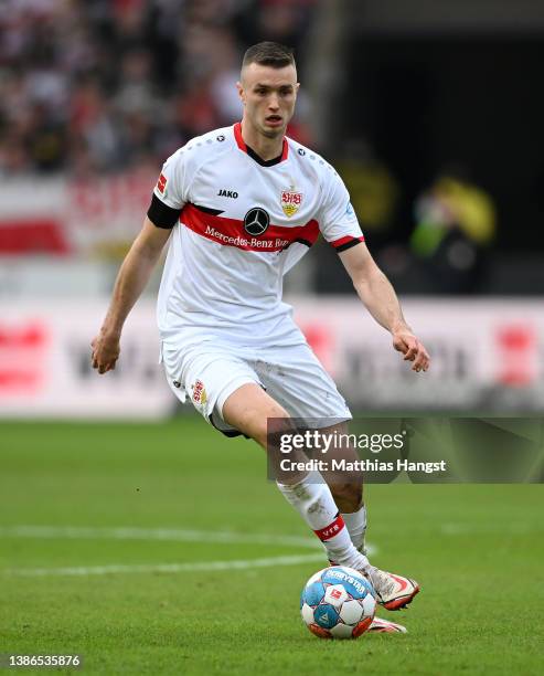 Sasa Kalajdzic of VfB Stuttgart controls the ball during the Bundesliga match between VfB Stuttgart and FC Augsburg at Mercedes-Benz Arena on March...