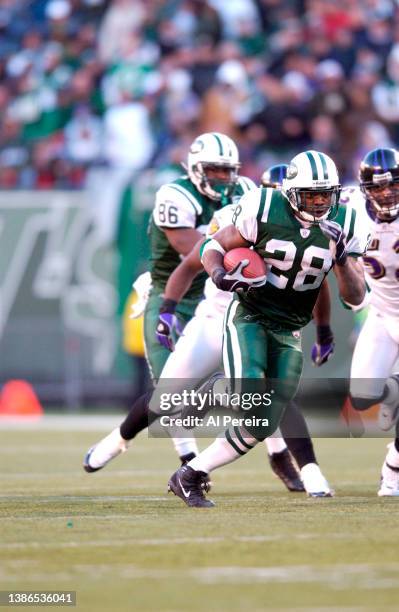 Running Back Curtis Martin is shown in action during the Baltimore Ravens vs New York Jets game at The Meadowlands on November 14, 2004 in East...