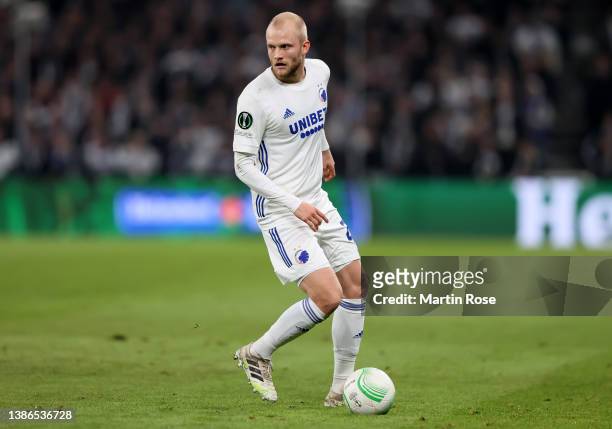Nicolai Boilesen of FC København controls the ball during the UEFA Conference League Round of 16 Leg Two match between FC København and PSV Eindhoven...