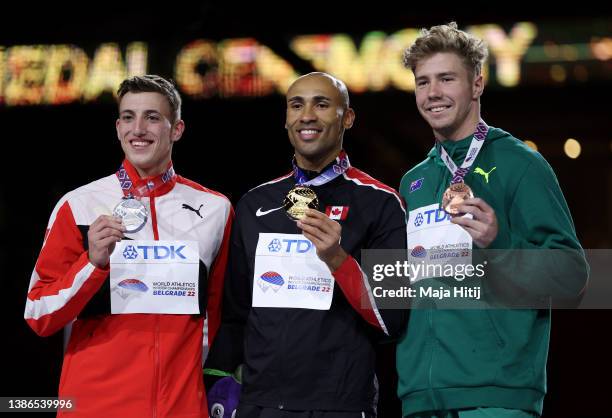 Gold Medallist Damian Warner of Canada CAN , Silver Medallist Simon Ehammer of Switzerland SUI and Bronze Medallist Ashley Moloney of Australia AUS...