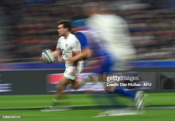 George Furbank of England runs with the ball during the Guinness Six Nations Rugby match between France and England at Stade de France on March 19,...