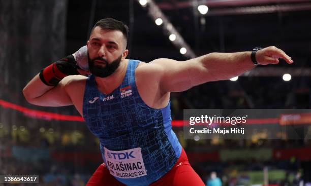 Asmir Kolasinac of Serbia SRB competes during the Men's Shot Putt on Day Two of the World Athletics Indoor Championships Belgrade 2022 at Belgrade...