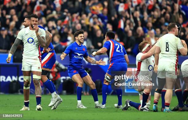 Romain Ntamack and Dylan Cretin of France celebrates their Grand Slam win in the Six Nations during the Guinness Six Nations Rugby match between...