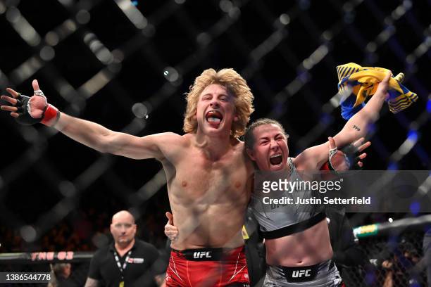 Paddy Pimblett celebrates with Molly Mccann after defeating Kazula Vargas during UFC Fight Night: Volkov v Aspinall at the The O2 Arena on March 19,...