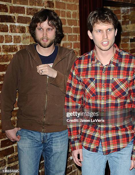 Actor Jon Heder and brother Dan Heder attend the season 3 premiere of HBO's "Eastbound And Down" at cinespace on February 9, 2012 in Hollywood,...