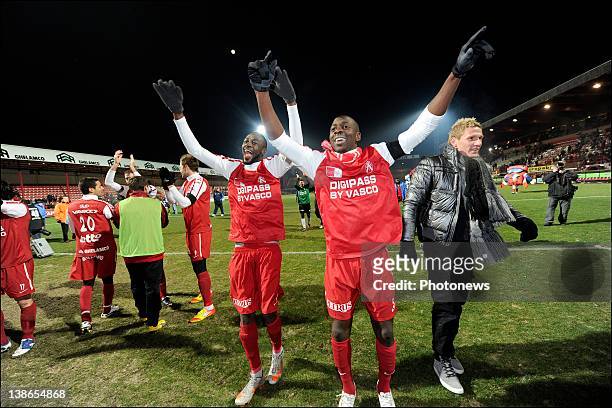 Ismaila N'Diaye of KV Kortrijk and Alassane Tambe of KV Kortrijk celebrate the qualification for the final during the Cofidis Cup semi final match...