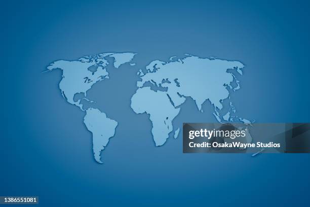 flat world map on blue background - world map flat stock pictures, royalty-free photos & images