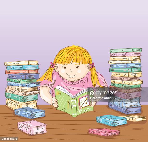 young girl reading a stack of books - book club stock illustrations