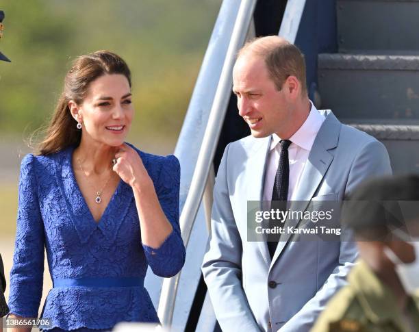 Catherine, Duchess of Cambridge and Prince William, Duke of Cambridge onboard the Voyager arrives at Philip S. W Goldson International Airport to...