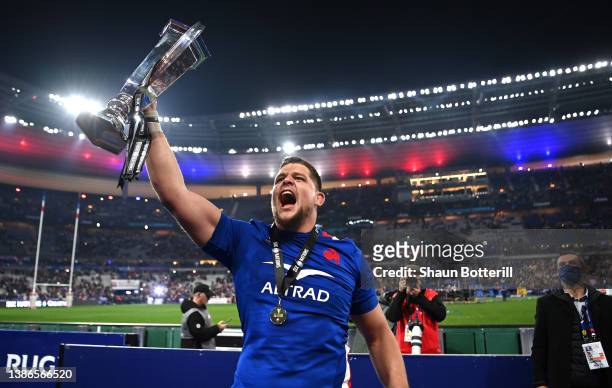 Paul Willemse of France celebrates with the Six Nations trophy after the Guinness Six Nations Rugby match between France and England at Stade de...