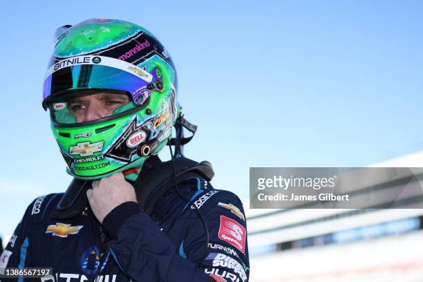 Conor Daly, driver of the BitNile Chevrolet, prepares to drive during practice for the NTT IndyCar Series XPEL 375 at Texas Motor Speedway on March...