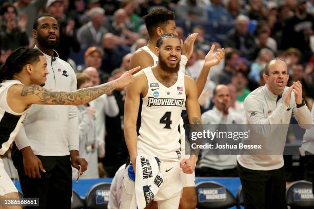 Jared Bynum of the Providence Friars reacts after foul is called on Richmond Spiders during the first half in the second round game of the 2022 NCAA...