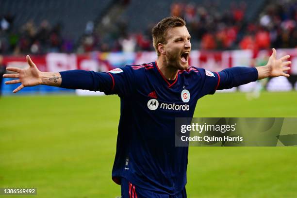 Kacper Przybyłko of Chicago Fire reacts after scoring a goal in the first half against the Sporting Kansas City at Soldier Field on March 19, 2022 in...