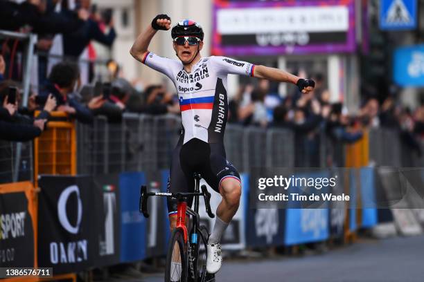 Matej Mohoric of Slovenia and Team Bahrain Victorious celebrates winning during the 113th Milano-Sanremo 2022 a 293km one day race from Milano to...