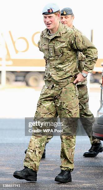 Prince Harry during a visit to RAF Honington on February 10, 2012 in Suffolk, England. The 27-year-old is Honorary Air Commandant of the military...