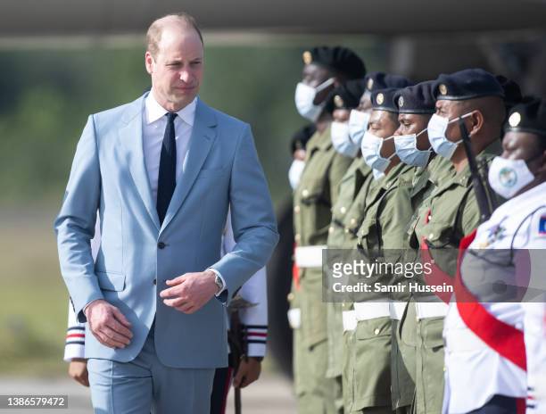 Prince William, Duke of Cambridge arrives at Philip S. W Goldson International Airport to start their Royal Tour of the Caribbean on March 19, 2022...