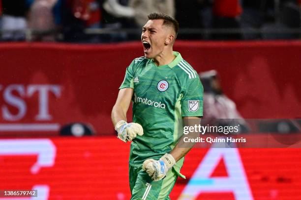 Gabriel Slonina of Chicago Fire reacts after the team win against the Sporting Kansas City at Soldier Field on March 19, 2022 in Chicago, Illinois.