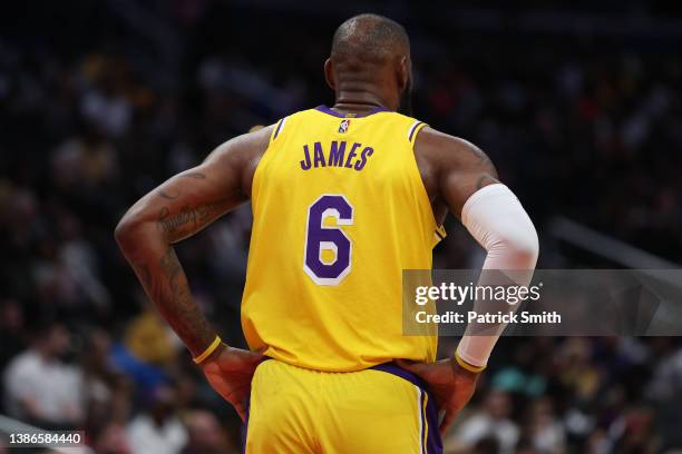 LeBron James of the Los Angeles Lakers looks on against the Washington Wizards during the first half at Capital One Arena on March 19, 2022 in...