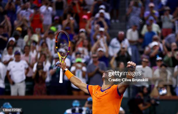 Rafael Nadal of Spain celebrates to the crowd after his three set victory against Carlos Alcaraz of Spain in their semifinal match on Day 13 of the...