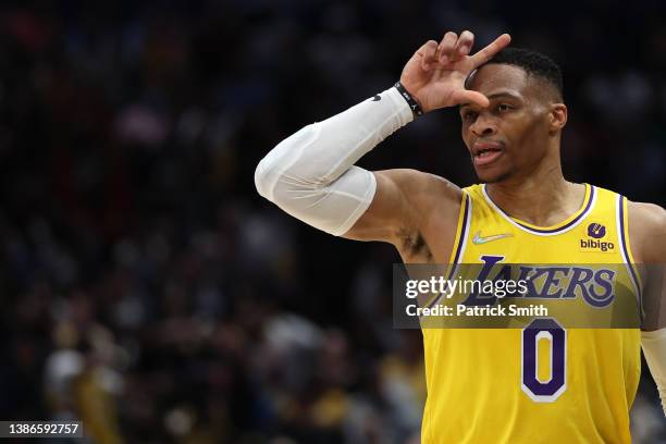 Russell Westbrook of the Los Angeles Lakers reacts against the Washington Wizards during the second half at Capital One Arena on March 19, 2022 in...