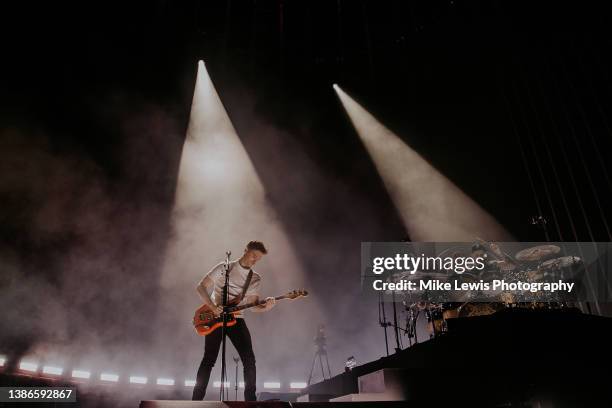 Mike Kerr and Ben Thatcher of Royal Blood perform on stage for the first live music show at the newly opened Swansea Arena on March 19, 2022 in...