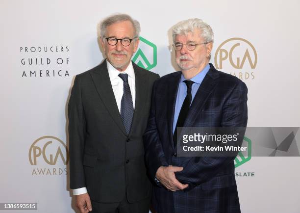 Steven Spielberg and George Lucas attend the 33rd Annual Producers Guild Awards at Fairmont Century Plaza on March 19, 2022 in Los Angeles,...