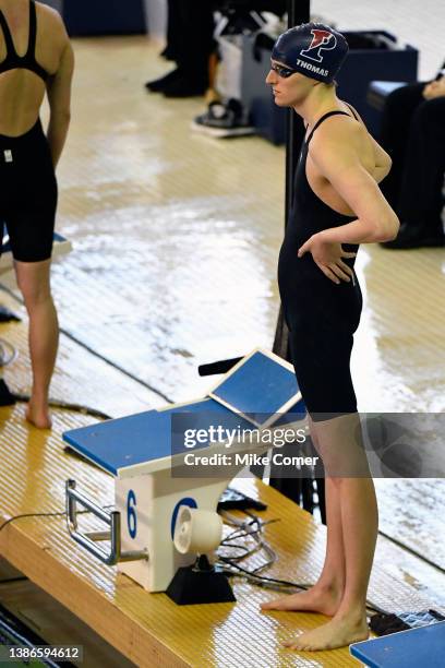 Lia Thomas of the University of Pennsylvania Quakers stands behind the blocks prior to the start of the 100 Yard Freestyle during the Division I...