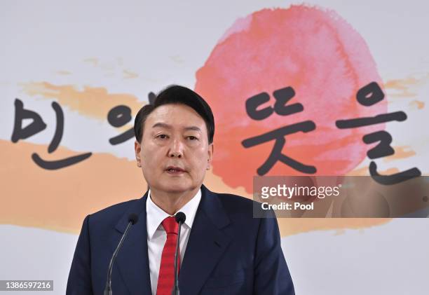 President-elect Yoon Suk-yeol speaks during a press conference on March 20, 2022 in Seoul, South Korea. Yoon announced his decision to move the...