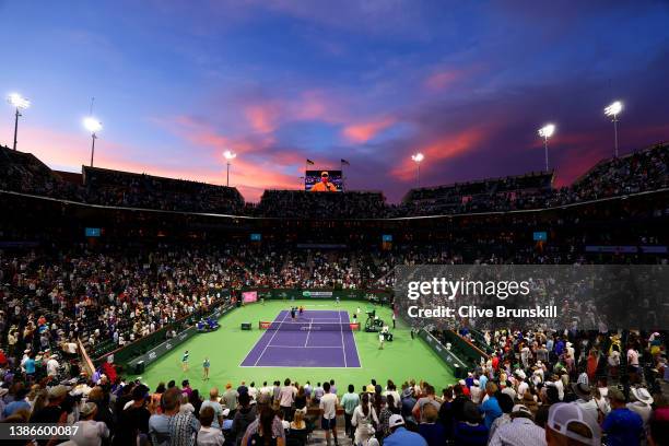 Rafael Nadal of Spain makes a speach to the crowd after his three set victory against Carlos Alcaraz of Spain in their semifinal match on Day 13 of...