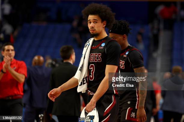 Nate Pryor of the New Mexico State Aggies reacts after losing to the Arkansas Razorbacks with a final score of 48-53 in the second round game of the...