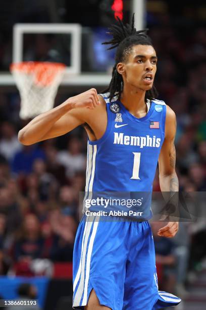 Emoni Bates of the Memphis Tigers reacts after a play during the second half against the Gonzaga Bulldogs in the second round of the 2022 NCAA Men's...