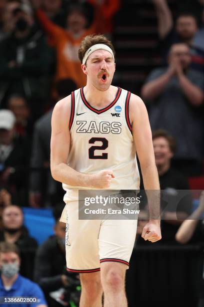 Drew Timme of the Gonzaga Bulldogs reacts after defeating the Memphis Tigers 82-78 in the second round of the 2022 NCAA Men's Basketball Tournament...