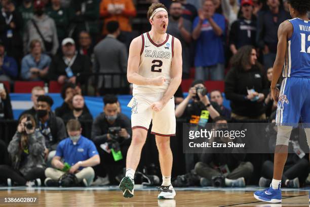 Drew Timme of the Gonzaga Bulldogs reacts after a play during the second half against the Memphis Tigers in the second round of the 2022 NCAA Men's...