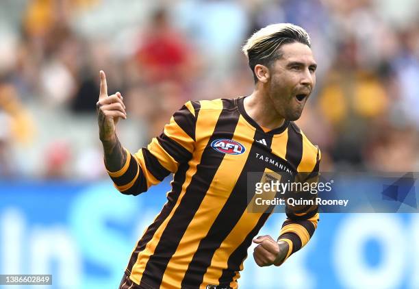 Chad Wingard of the Hawks celebrates kicking a goal during the round one AFL match between the Hawthorn Hawks and the North Melbourne Kangaroos at...