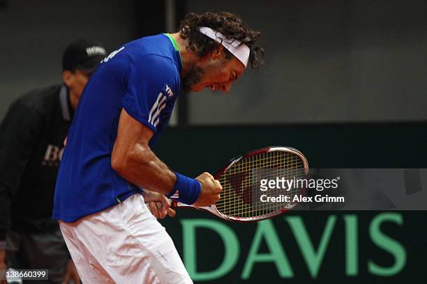 Juan Monaco of Argentina reacts during his match against Philipp Petzschner of Germany on day 1 of the Davis Cup World Group first round match...