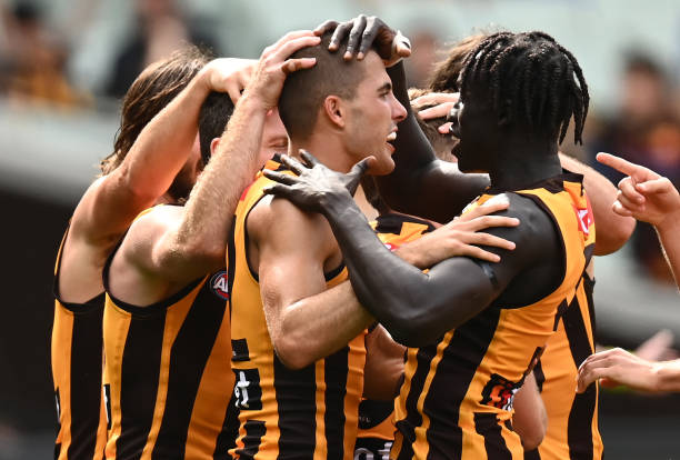 Finn Maginness of the Hawks is congratulated by team mates after scoring a goal during the round one AFL match between the Hawthorn Hawks and the...