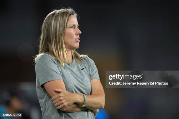 Head Coach Amanda Cromwell of the Orlando Pride looks on during a game between Washington Spirit and Orlando Pride at Exploria Stadium on March 19,...