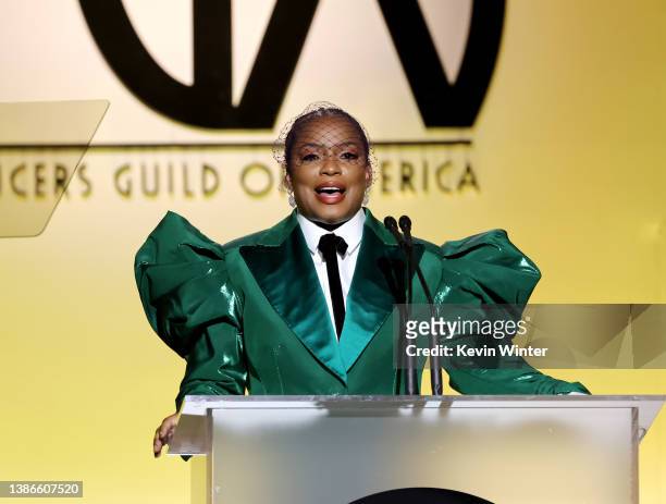 Aunjanue Ellis speaks onstage during the 33rd Annual Producers Guild Awards at Fairmont Century Plaza on March 19, 2022 in Los Angeles, California.