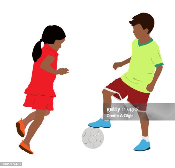 african american boy & girl kicking soccer ball - real people lifestyle stock illustrations