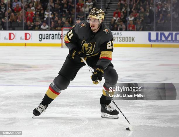 Brett Howden of the Vegas Golden Knights skates with the puck against Los Angeles Kings in the second period of their game at T-Mobile Arena on March...